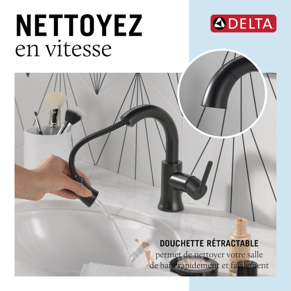 Robinet de salle de bain à poignée unique et à trou unique Trinsic avec bec rétractable en noir mat