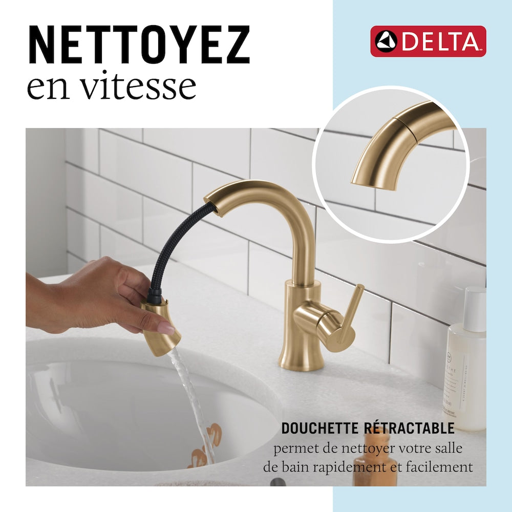 Robinet de salle de bain à poignée unique et à trou unique Trinsic avec bec rétractable en bronze champagne