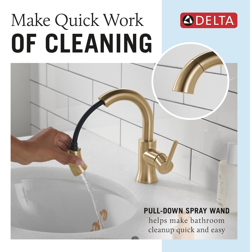 Robinet de salle de bain à poignée unique et à trou unique Trinsic avec bec rétractable en bronze champagne