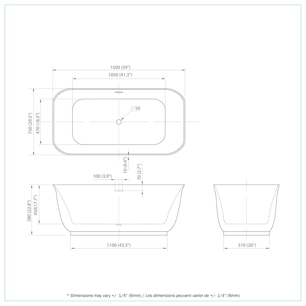 Baignoire autoportante rectangulaire centrale en acrylique Mina de 5 pieds en blanc