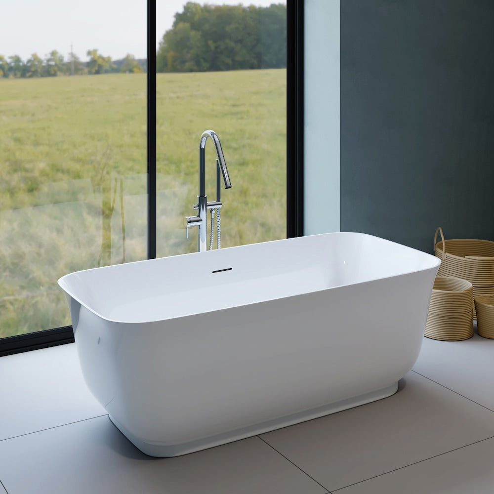 Baignoire autoportante rectangulaire centrale en acrylique Mina de 5,6 pi en blanc