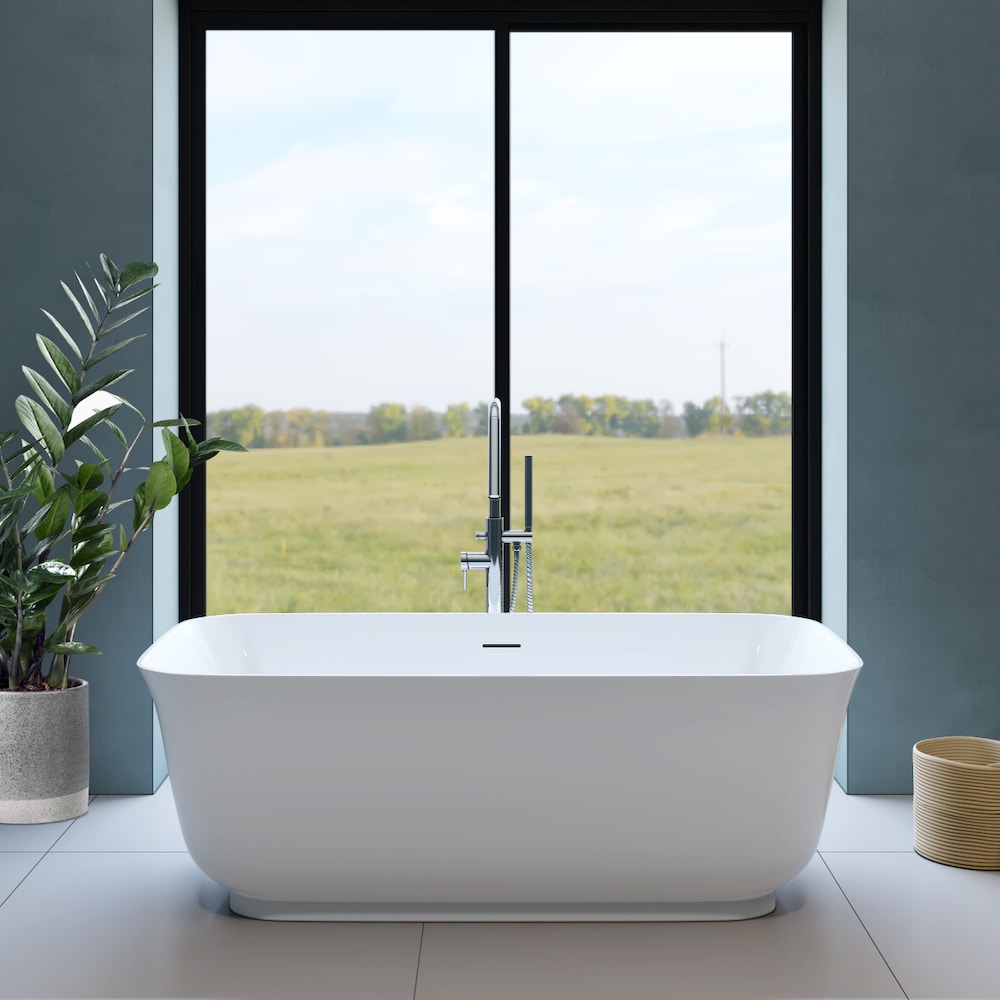 Baignoire autoportante rectangulaire centrale en acrylique Mina de 5,6 pi en blanc