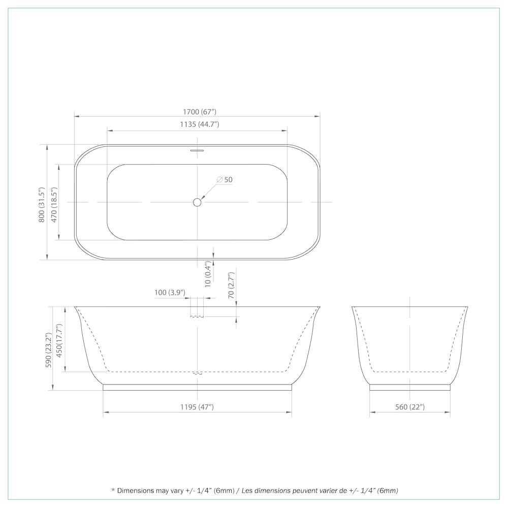Baignoire autoportante rectangulaire centrale en acrylique Mina de 5,6 pi en blanc