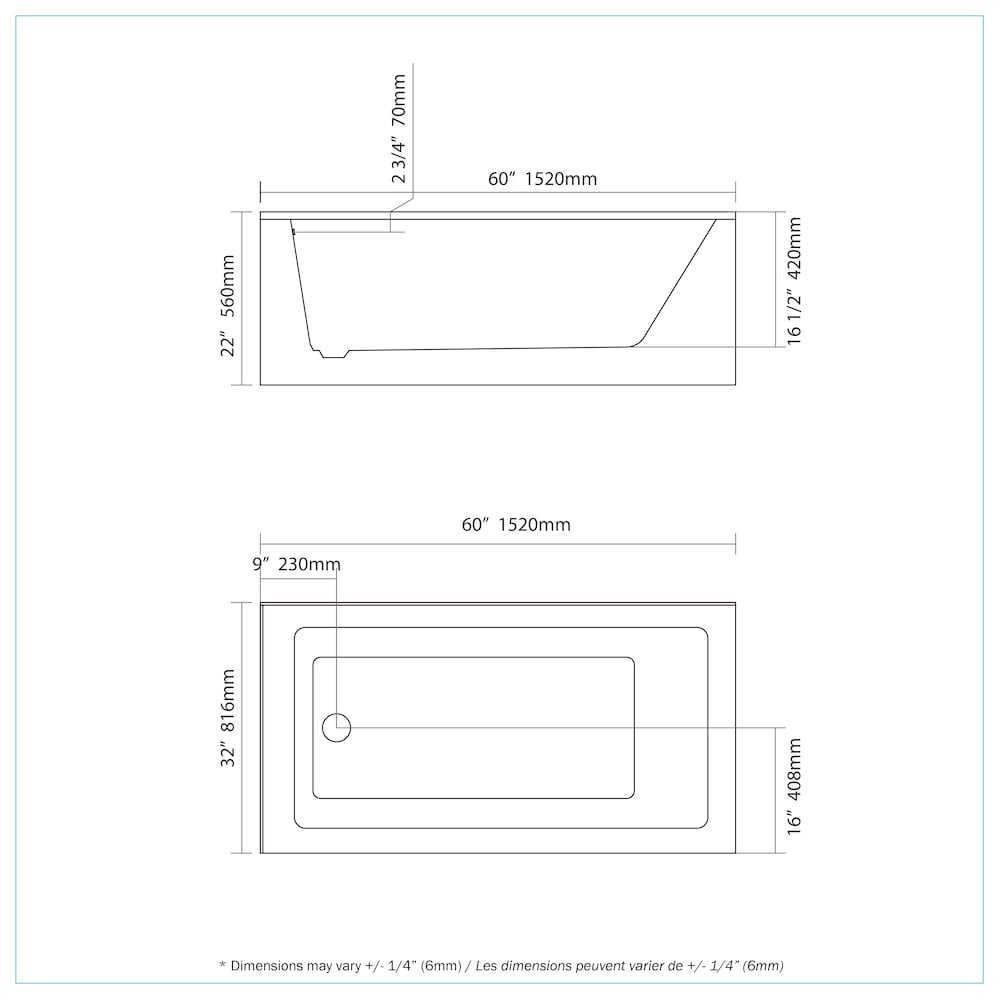 Baignoire autoportante rectangulaire en acrylique Sunna de 5 pieds, côté gauche, en blanc