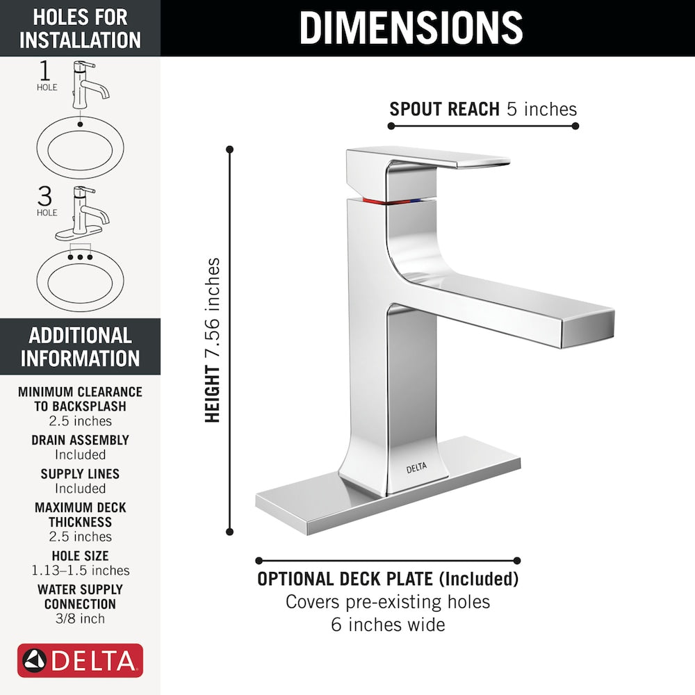 Robinet de salle de bain monotrou à poignée unique Velum avec bec droit en chrome