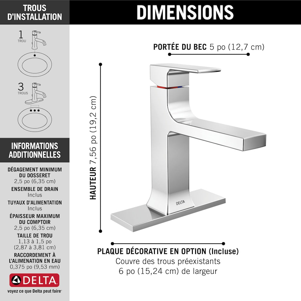 Robinet de salle de bain monotrou à poignée unique Velum avec bec droit en chrome