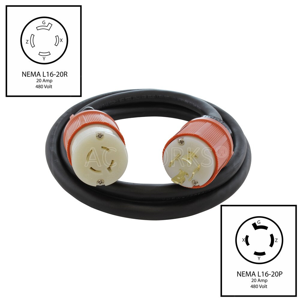 10ft SOOW 12/4 NEMA L16-20 20A 3-Phase 480V Industrial Rubber Extension Cord