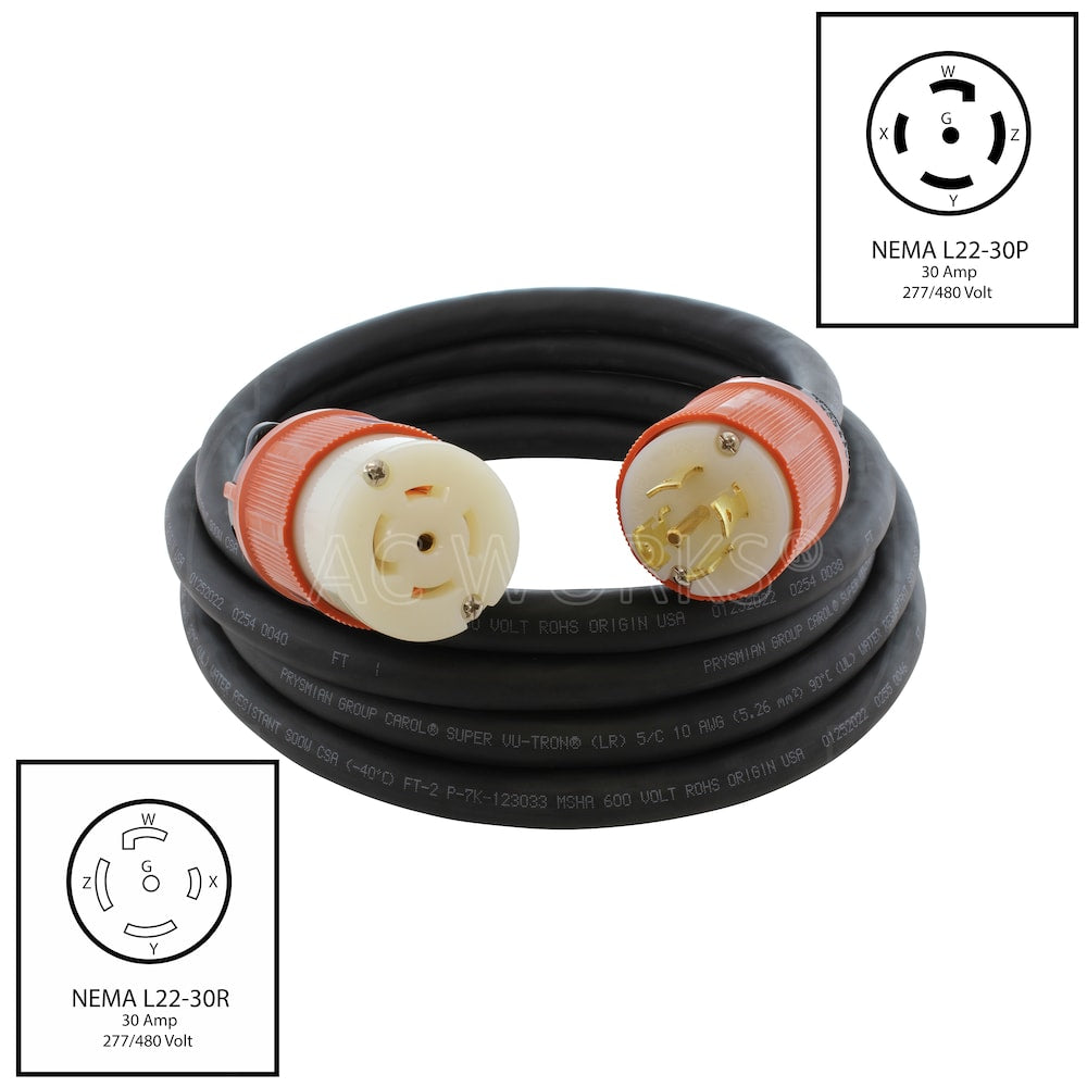 100ft SOOW 10/5 NEMA L22-30 30A 3-Phase 277/480V Industrial Rubber Extension Cord