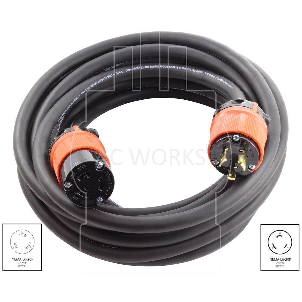 50ft SOOW 12/3 NEMA L6-20 20A 250V Rubber Extension Cord