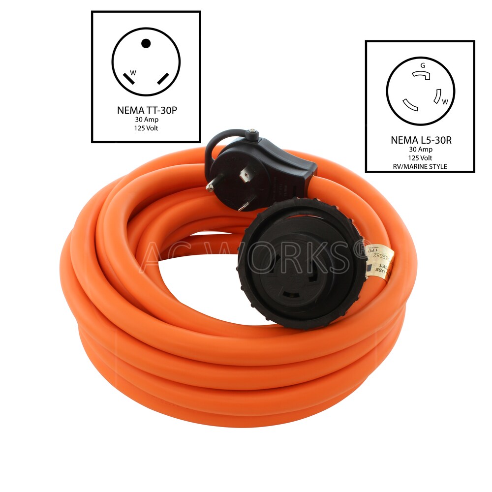 50ft RV 30A TT-30P Plug to 30A L5-30R RV/Marine Detachable Power Supply Cord