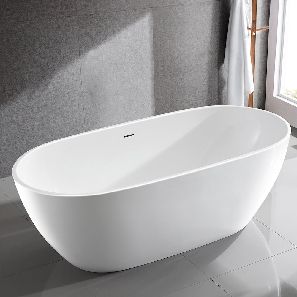Baignoire autoportante ovale en acrylique blanc brillant avec drain central