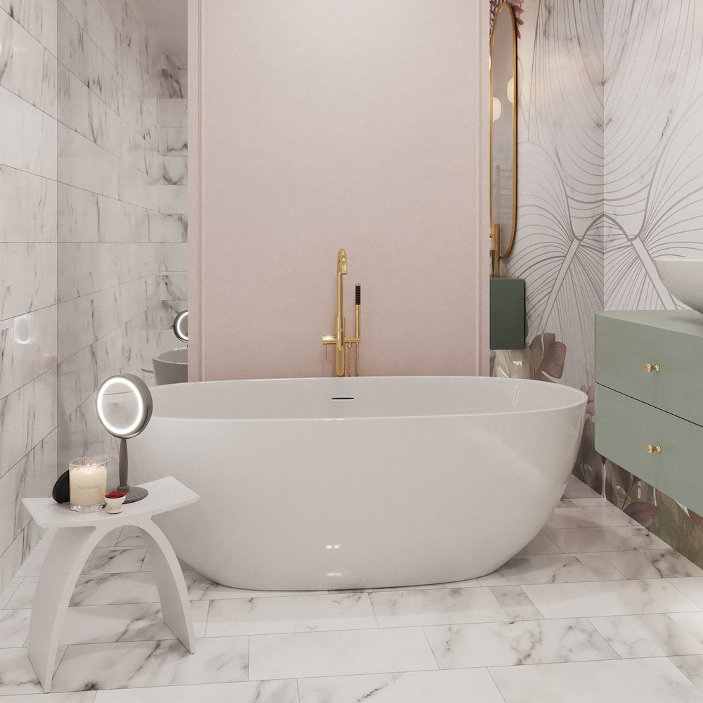 Baignoire autoportante ovale en acrylique blanc brillant avec drain central
