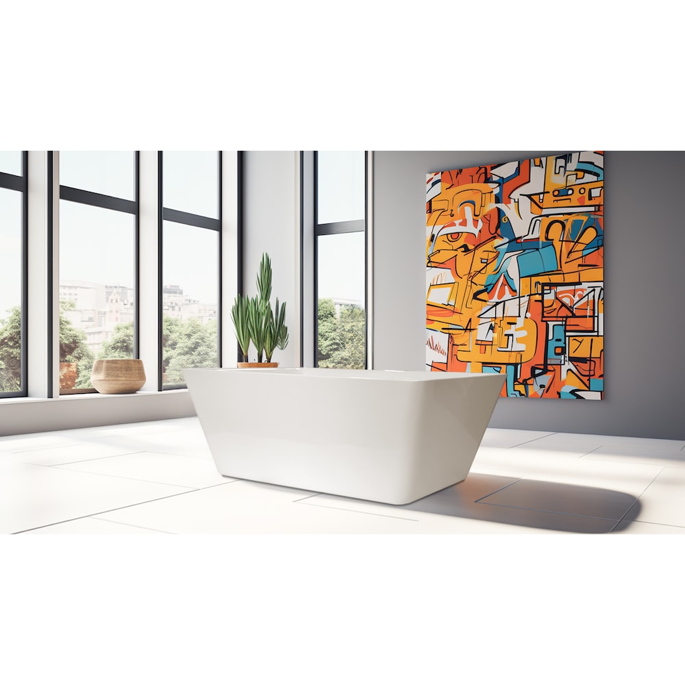 Baignoire carrée autoportante en acrylique blanc brillant avec drain central