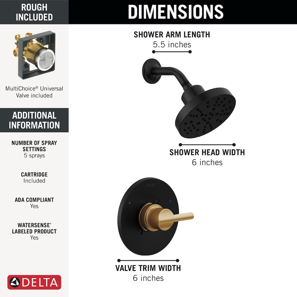 Robinet de douche à poignée unique Nicoli à 5 réglages avec technologie H2OKinetic en noir mat/bronze champagne (robinet inclus)