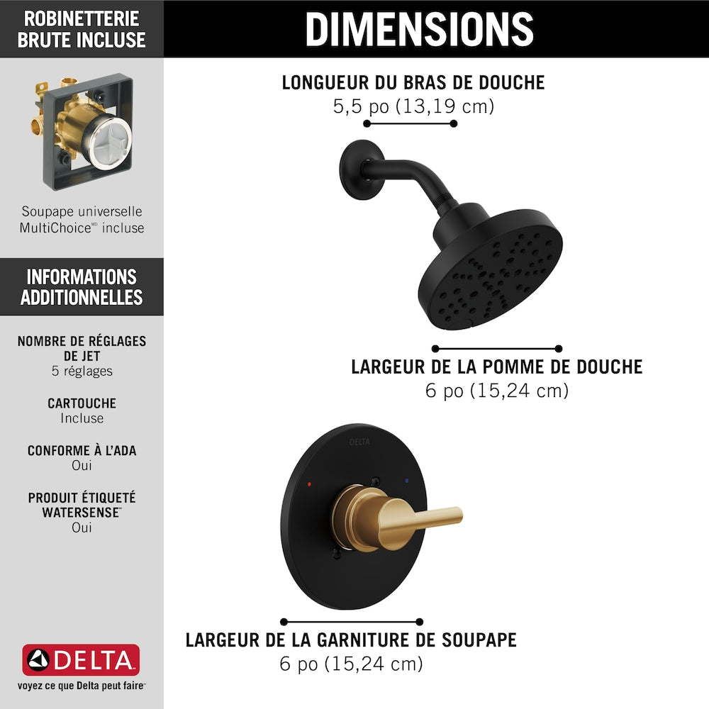 Robinet de douche à poignée unique Nicoli à 5 réglages avec technologie H2OKinetic en noir mat/bronze champagne (robinet inclus)