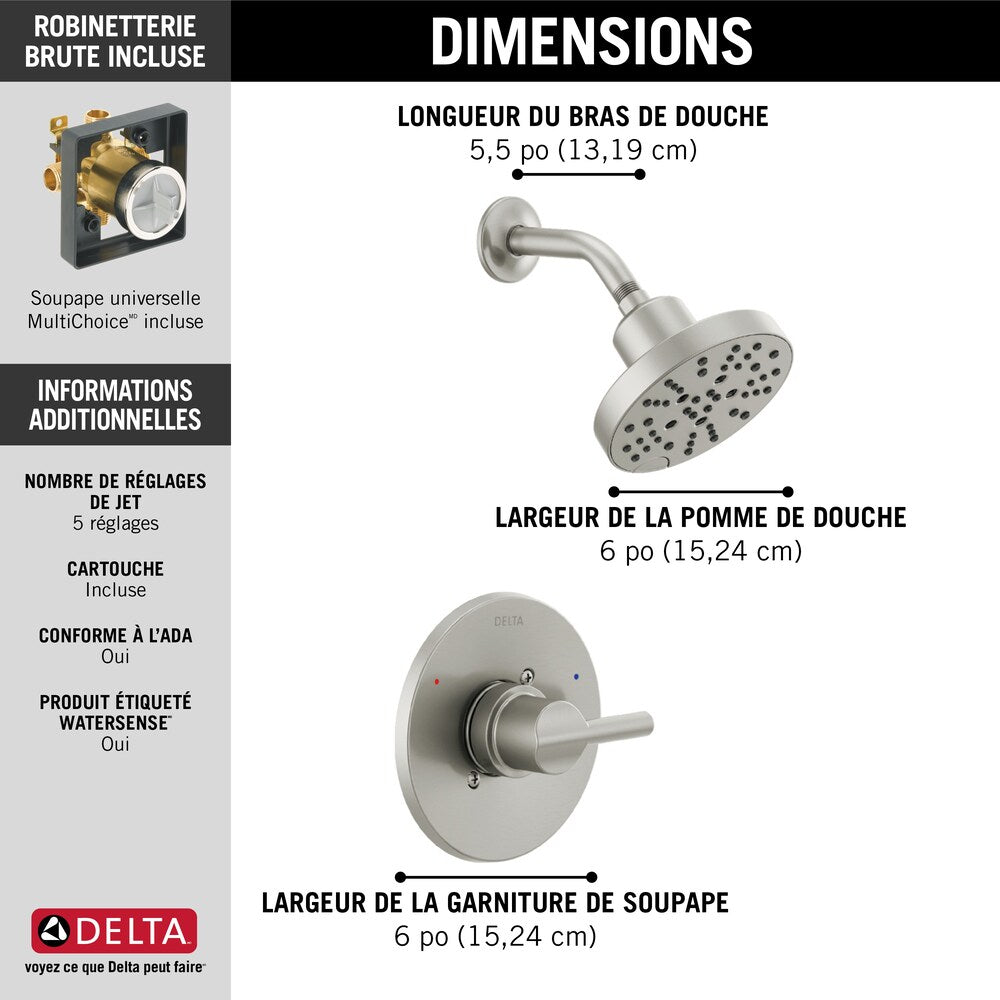 Robinet de douche à poignée unique Nicoli à 5 réglages avec technologie H2OKinetic en acier inoxydable (robinet inclus)