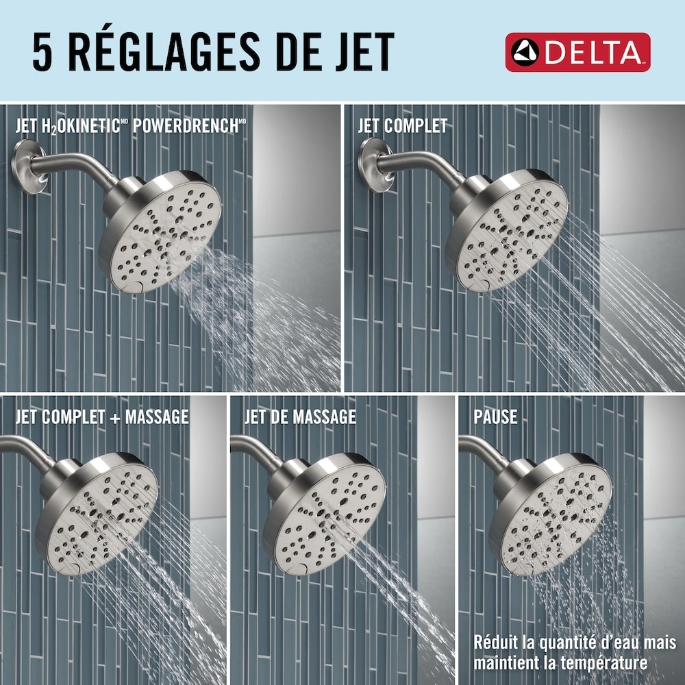 Robinet de douche à poignée unique Nicoli à 5 réglages avec technologie H2OKinetic en acier inoxydable (robinet inclus)