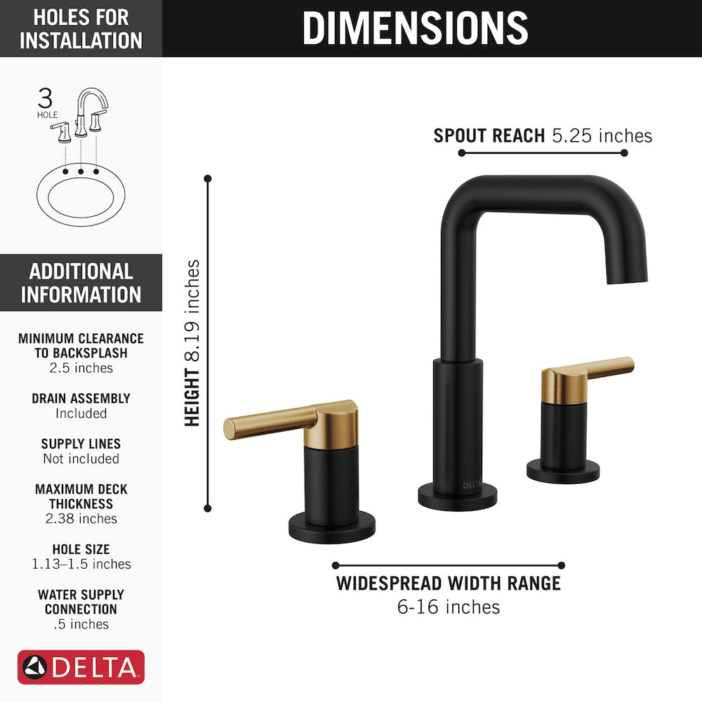 Nicoli 8 in. Widespread Two-Handle Bathroom Faucet in Matte Black/Champagne Bronze
