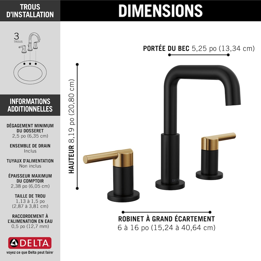 Nicoli 8 in. Widespread Two-Handle Bathroom Faucet in Matte Black/Champagne Bronze