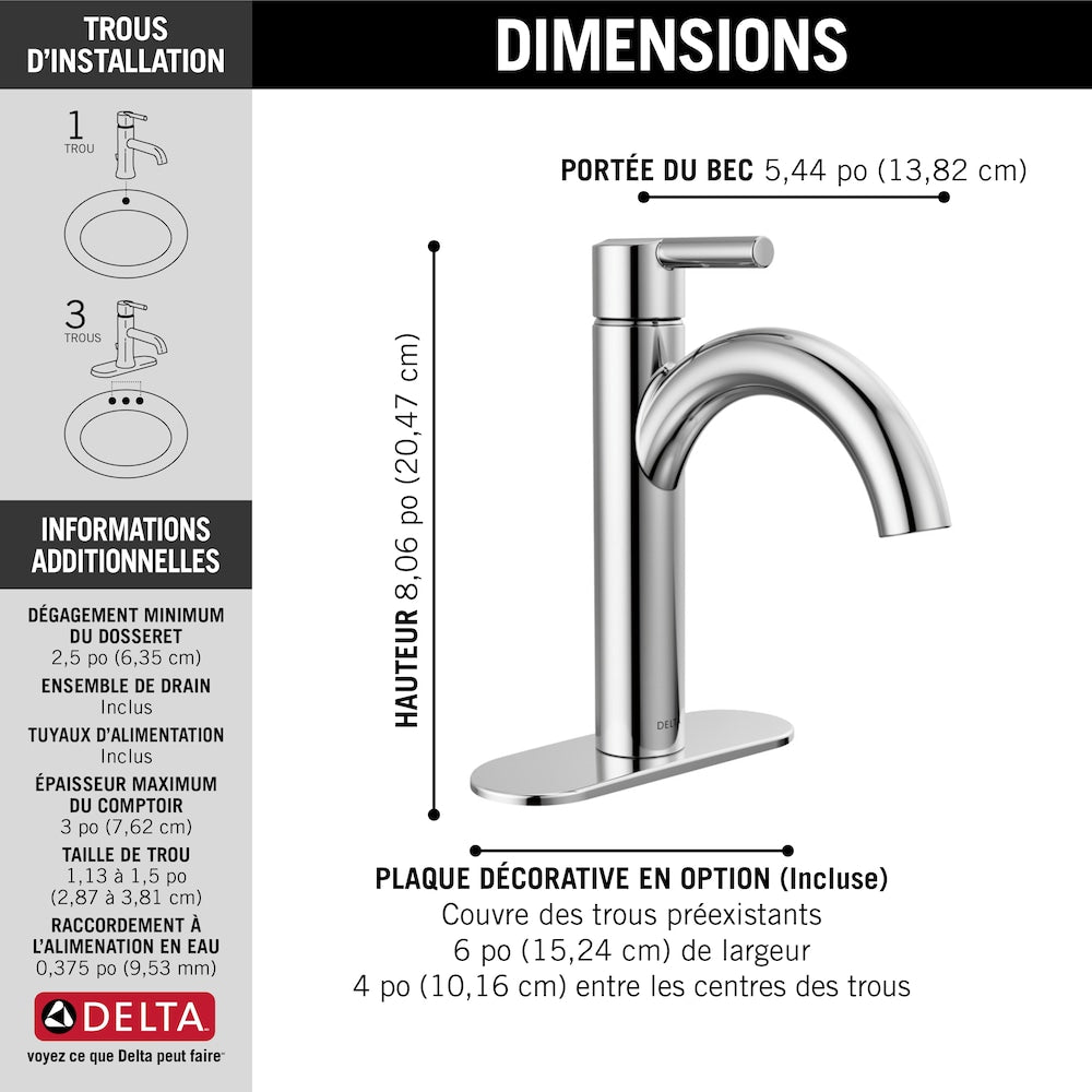 Robinet de salle de bain monotrou à poignée unique et bec en J de Nicoli en chrome