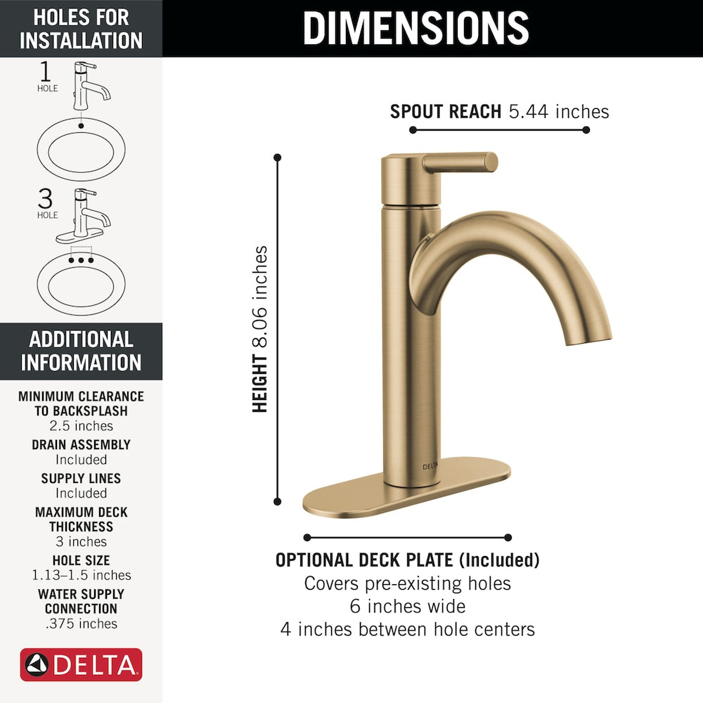 Robinet de salle de bain monotrou à bec en J Nicoli à poignée unique en bronze champagne