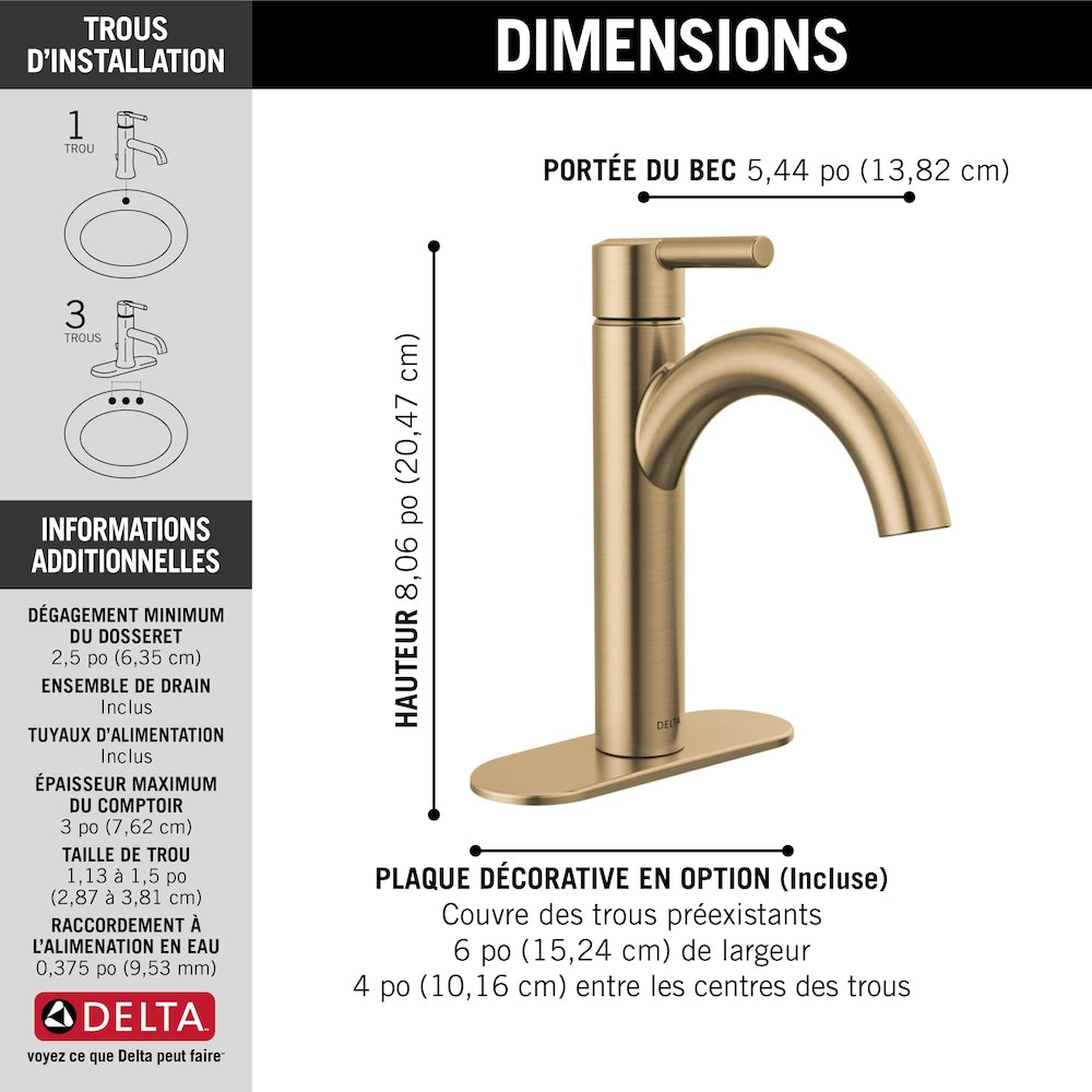 Robinet de salle de bain monotrou à bec en J Nicoli à poignée unique en bronze champagne