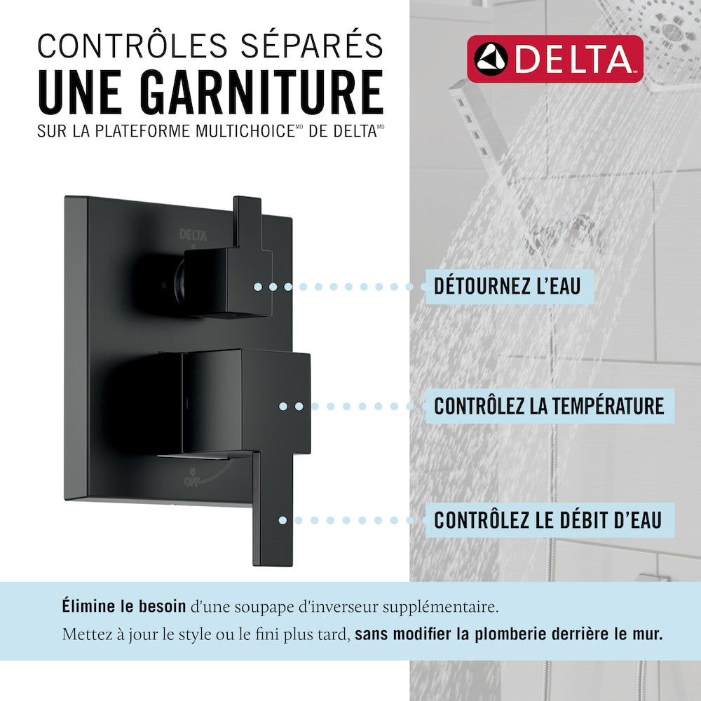 Ensemble de douche moderne à 2 poignées et 1 jet carré de 10 pouces avec pommeau de douche fixe et portatif à effet pluie de 1,75 GPM en noir mat (valve brute incluse)