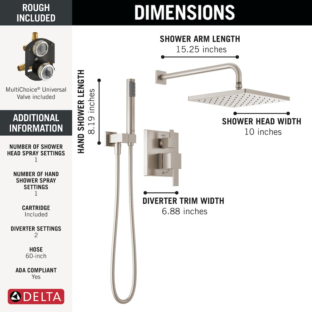 Ensemble de douche moderne à 2 poignées et 1 jet, pommeau de douche fixe et portatif carré de 10 pouces avec pommeau de douche à effet pluie de 1,75 GPM en nickel brossé SpotShield (valve encastrée incluse)