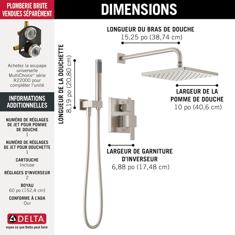 Ensemble de douche moderne à 2 poignées et 1 jet, pommeau de douche fixe et portatif carré de 10 pouces avec pommeau de douche à effet pluie de 1,75 GPM en nickel brossé SpotShield (valve encastrée incluse)