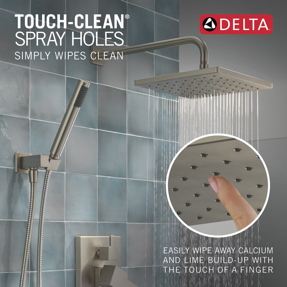 Ensemble de douche moderne à 2 poignées et 1 jet, pommeau de douche fixe et portatif carré de 10 pouces avec pommeau de douche à effet pluie de 1,75 GPM en nickel brossé SpotShield (valve encastrée incluse)