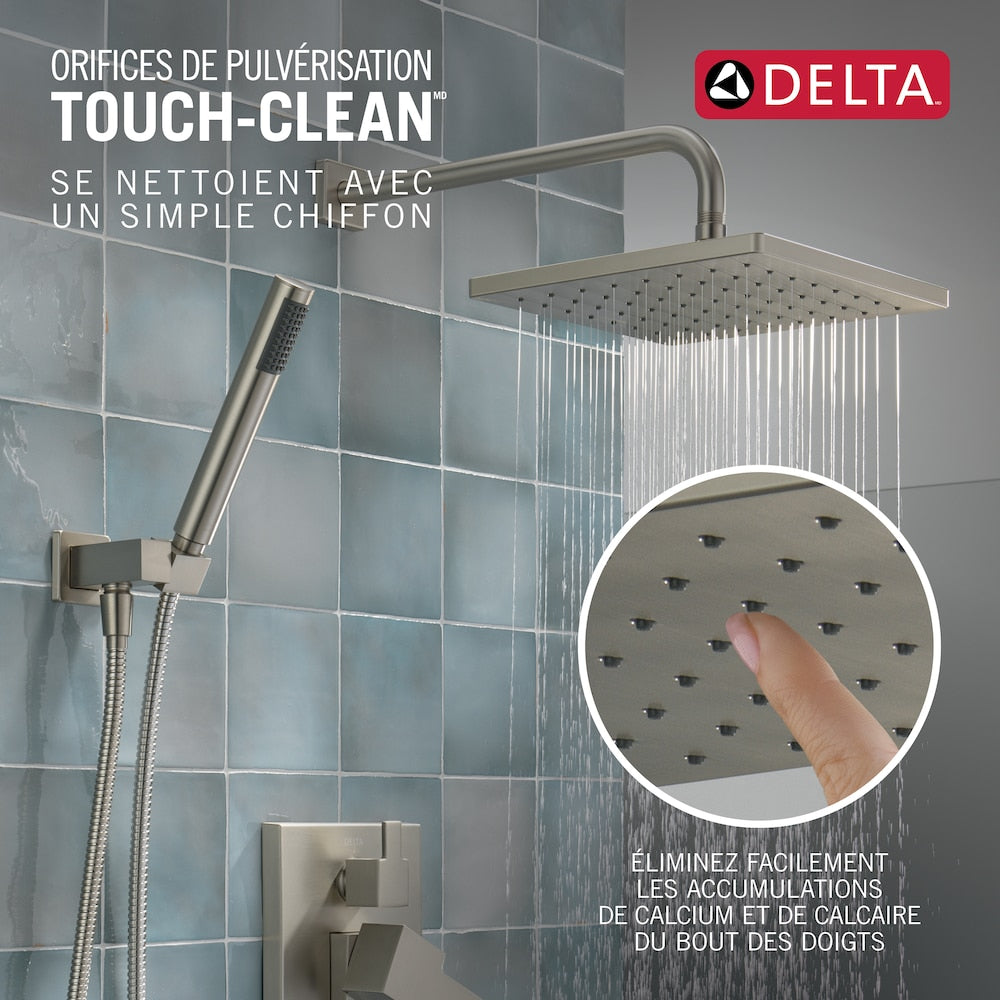 Ensemble de douche moderne à 2 poignées et 1 jet, pommeau de douche fixe et portatif carré de 10 pouces avec pommeau de douche à effet pluie de 1,75 GPM en nickel brossé SpotShield (valve encastrée incluse)