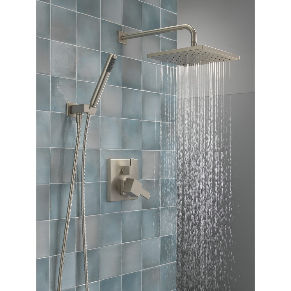 Ensemble de douche moderne à 2 poignées et 1 jet, pommeau de douche fixe et portatif carré de 10 pouces avec pommeau de douche à effet pluie de 1,75 GPM en nickel brossé SpotShield (valve encastrée incluse)