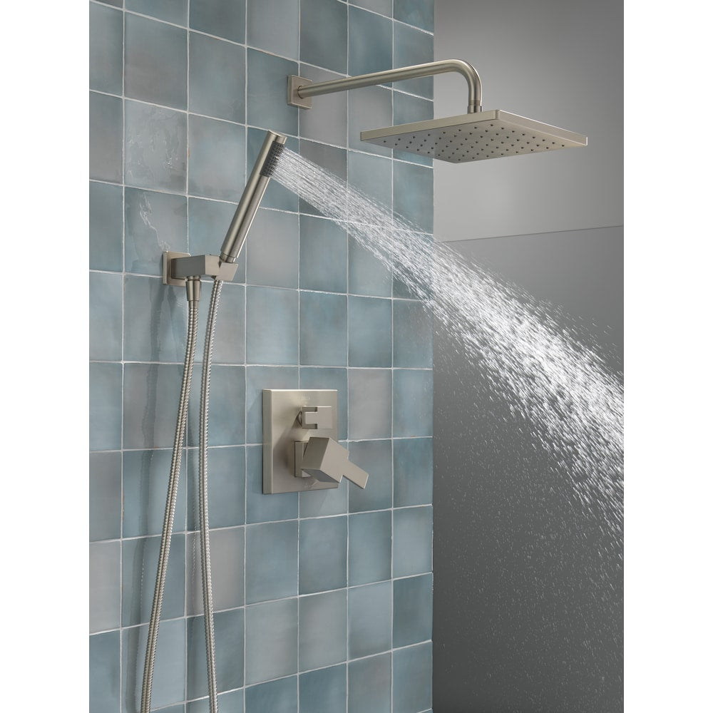 Ensemble de douche moderne à 2 poignées et 1 jet, pommeau de douche fixe et portatif carré de 10 pouces avec pommeau de douche à effet pluie de 1,75 GPM en nickel brossé SpotShield (valve encastrée incluse)
