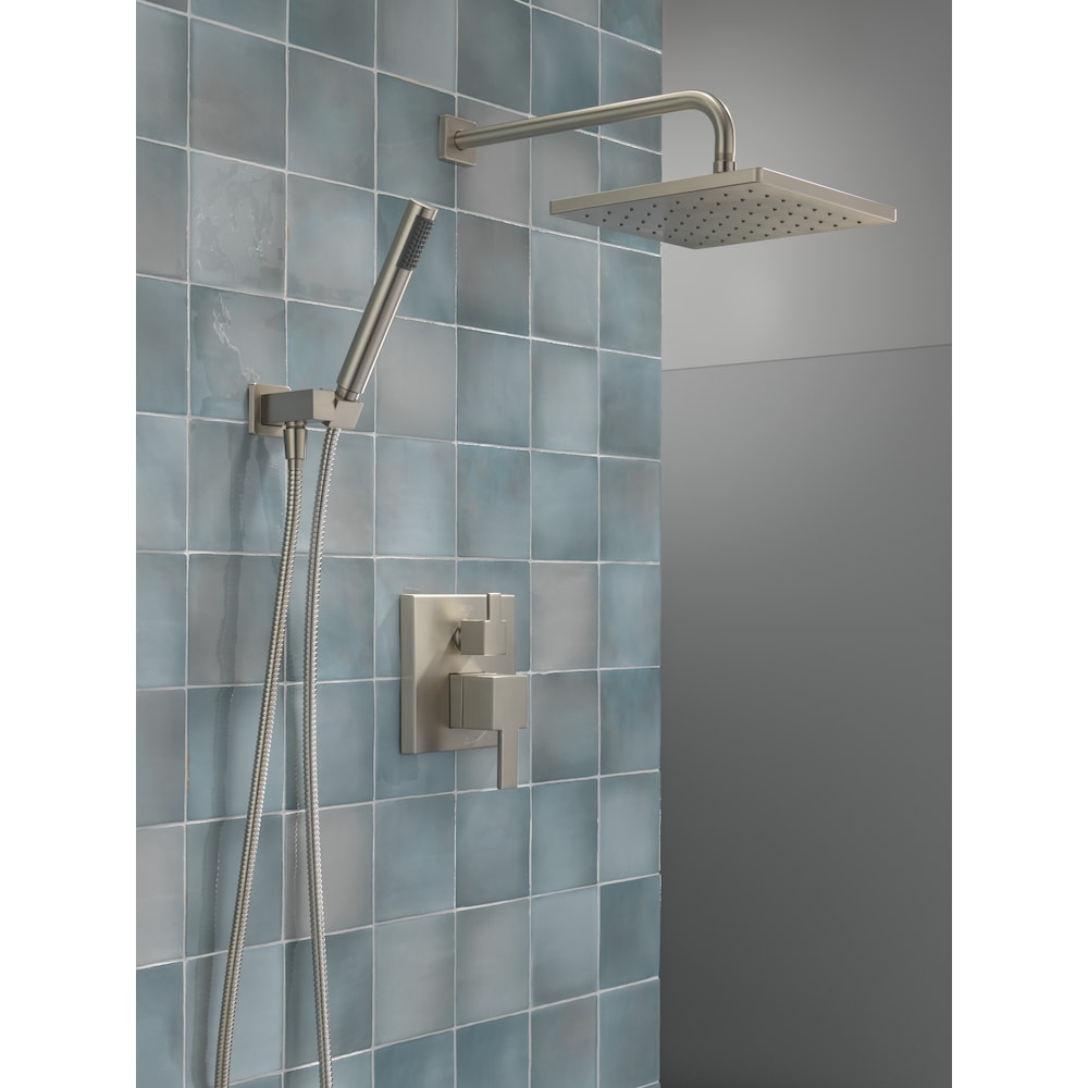 Ensemble de douche moderne à 2 poignées et 1 jet, pommeau de douche fixe et portatif carré de 10 pouces avec pommeau de douche à effet pluie de 1,75 GPM en nickel brossé SpotShield (valve encastrée incluse)