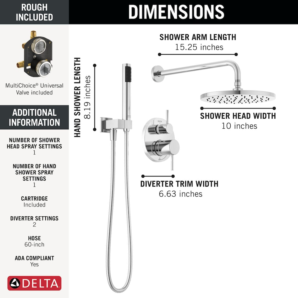 Ensemble de douche moderne à 2 poignées et 1 jet rond de 10 pouces avec pommeau de douche fixe et portatif à effet pluie de 1,75 GPM en chrome (valve brute incluse)