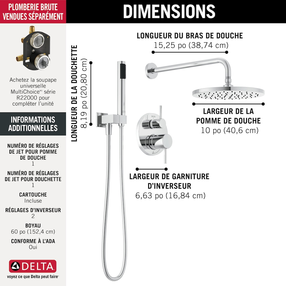 Ensemble de douche moderne à 2 poignées et 1 jet rond de 10 pouces avec pommeau de douche fixe et portatif à effet pluie de 1,75 GPM en chrome (valve brute incluse)