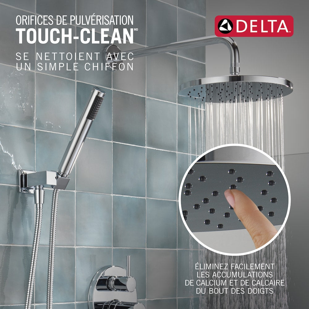 Ensemble de douche moderne à 2 poignées et 1 jet rond de 10 pouces avec pommeau de douche fixe et portatif à effet pluie de 1,75 GPM en chrome (valve brute incluse)