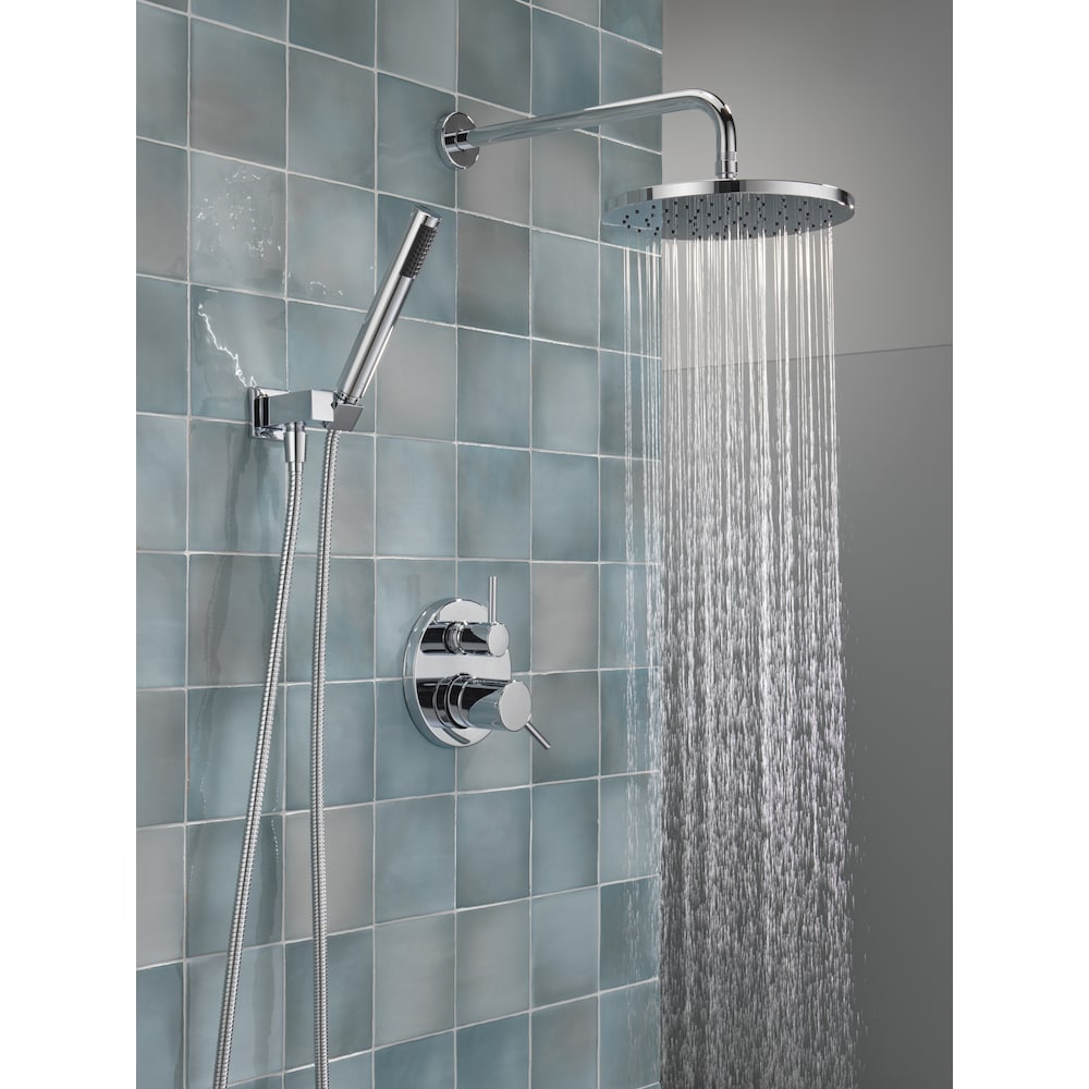 Ensemble de douche moderne à 2 poignées et 1 jet rond de 10 pouces avec pommeau de douche fixe et portatif à effet pluie de 1,75 GPM en chrome (valve brute incluse)