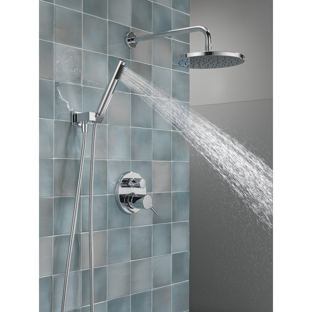 Ensemble de douche moderne à 2 poignées et 1 jet rond de 10 pouces avec pommeau de douche fixe et portatif à effet pluie de 1,75 GPM en chrome (valve brute incluse)