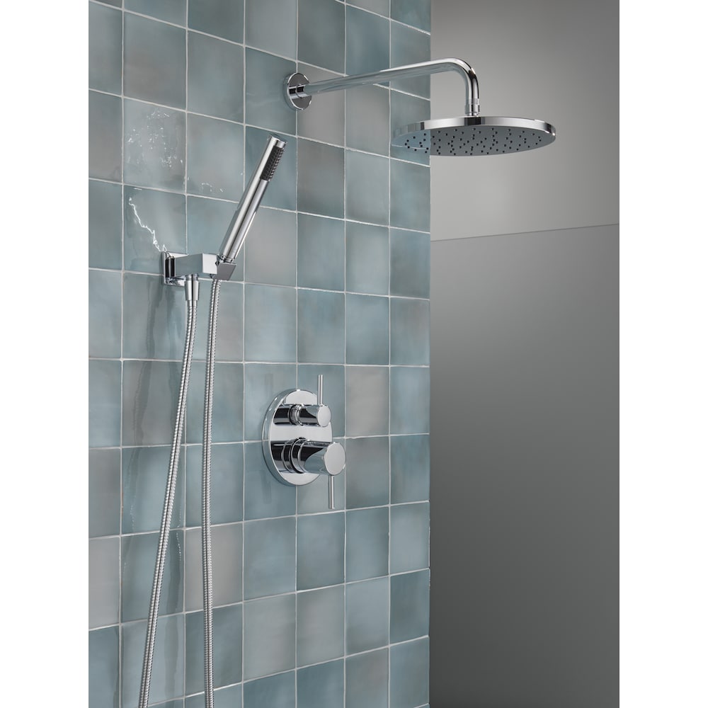 Ensemble de douche moderne à 2 poignées et 1 jet rond de 10 pouces avec pommeau de douche fixe et portatif à effet pluie de 1,75 GPM en chrome (valve brute incluse)