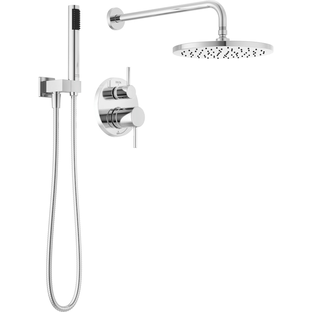 Ensemble de douche moderne à 2 poignées et 1 jet rond de 10 pouces avec pommeau de douche fixe et portatif à effet pluie de 1,75 GPM en chrome (valve brute incluse)