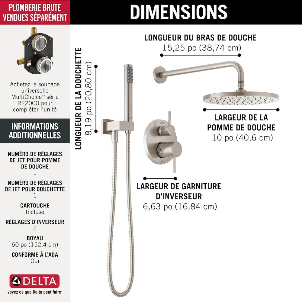 Modern Shower Kit 2-Handle 1-Spray Round 10-Inch Raincan Wall Mount Fixed and Handheld Shower Head 1.75 GPM in SpotShield Brushed Nickel (Rougn-in Valve Included)