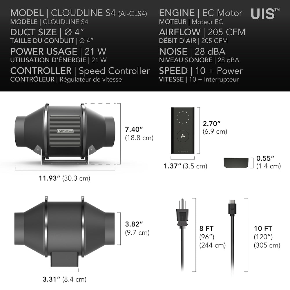 AI-CLS4 Cloudline Pro S4, quiet inline duct fan system with speed controller, 4-inch