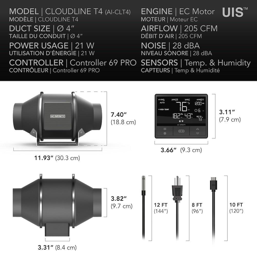 AI-CLT4 Cloudline Pro T4, inline duct fan system with temperature humidity VPD controller, 4-inch