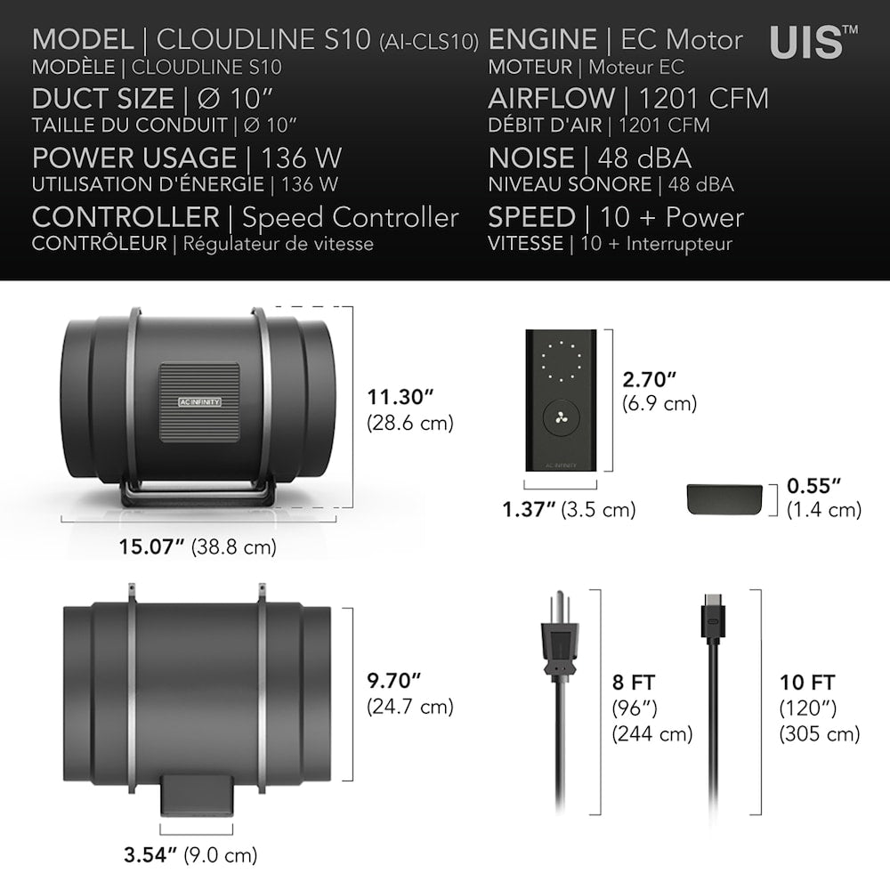 AI-CLS10 Cloudline Pro S10, système de ventilation en ligne silencieux avec régulateur de vitesse, 10 pouces