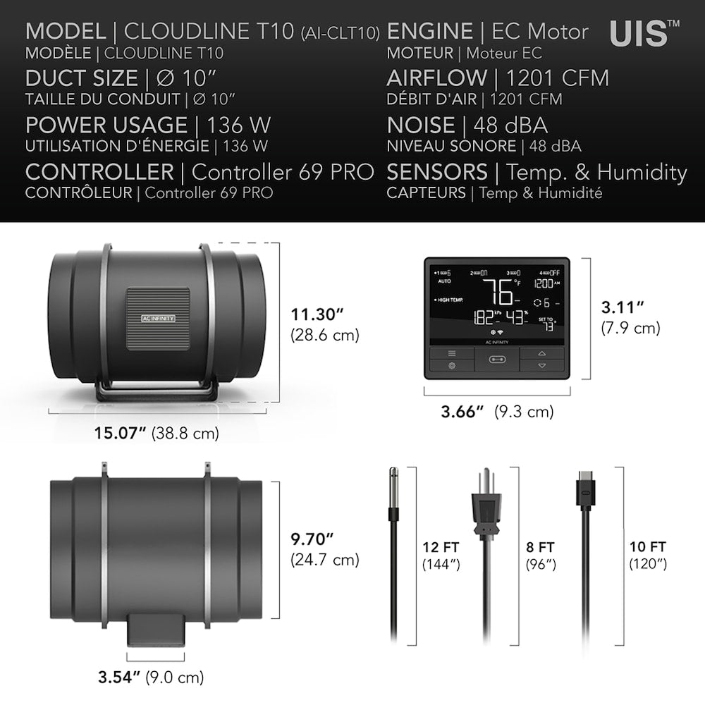 AI-CLT10 Cloudline Pro T10, quiet inline duct fan system w/ temperature humidity VPD controller, 10"
