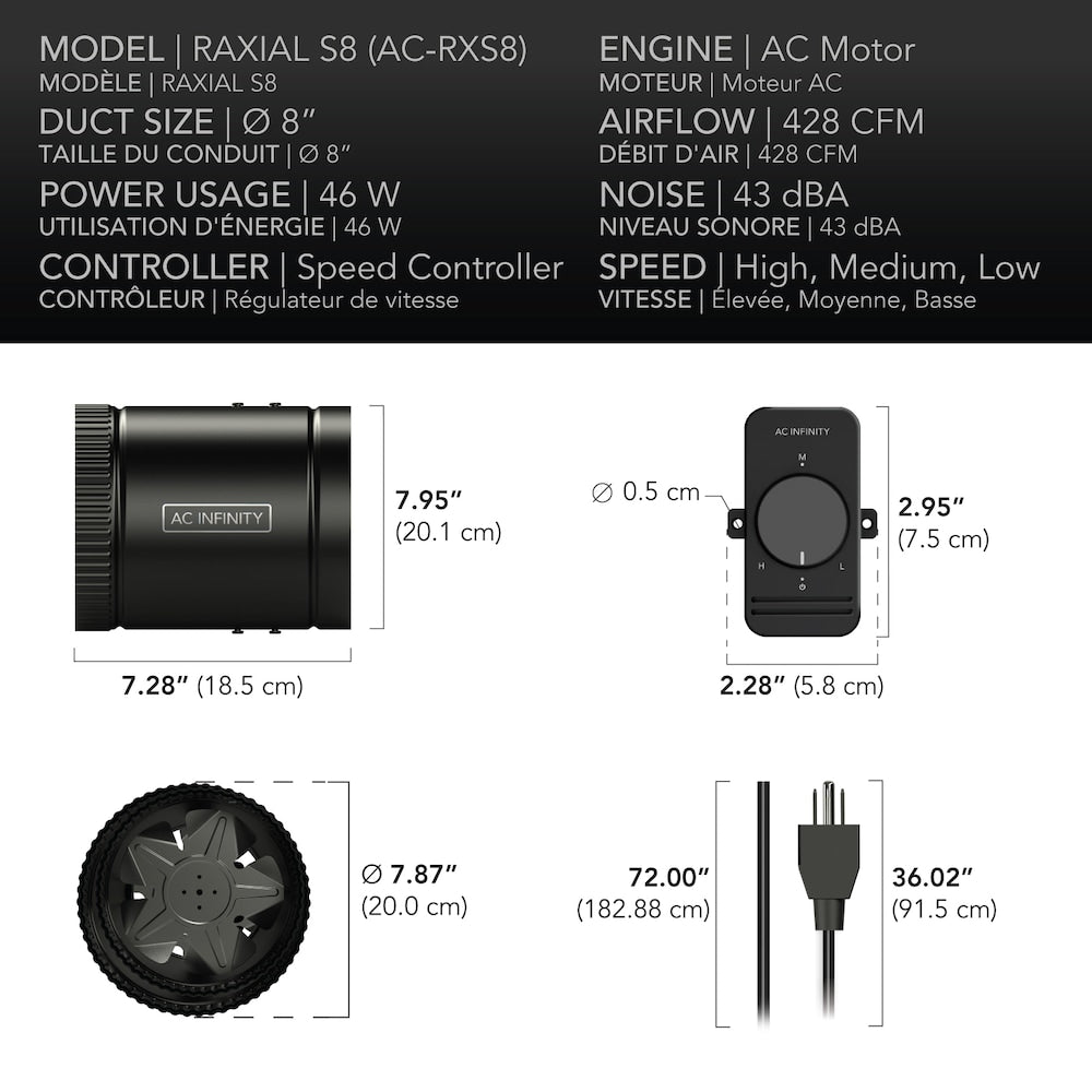 Raxial S8, inline booster duct fan with speed controller, 8-inch