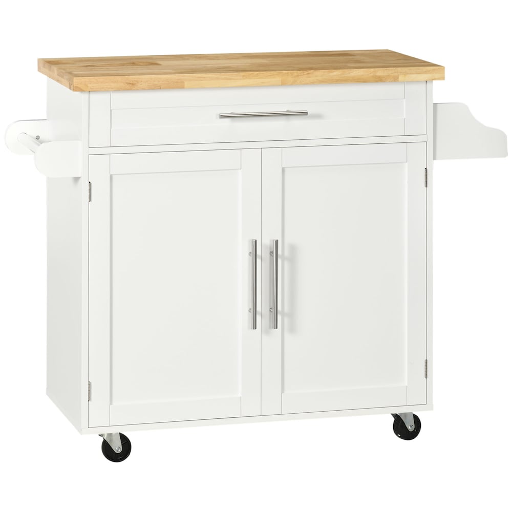 Îlot de cuisine de 43 pouces de largeur avec rangement, tiroir, support à épices, porte-serviettes en blanc