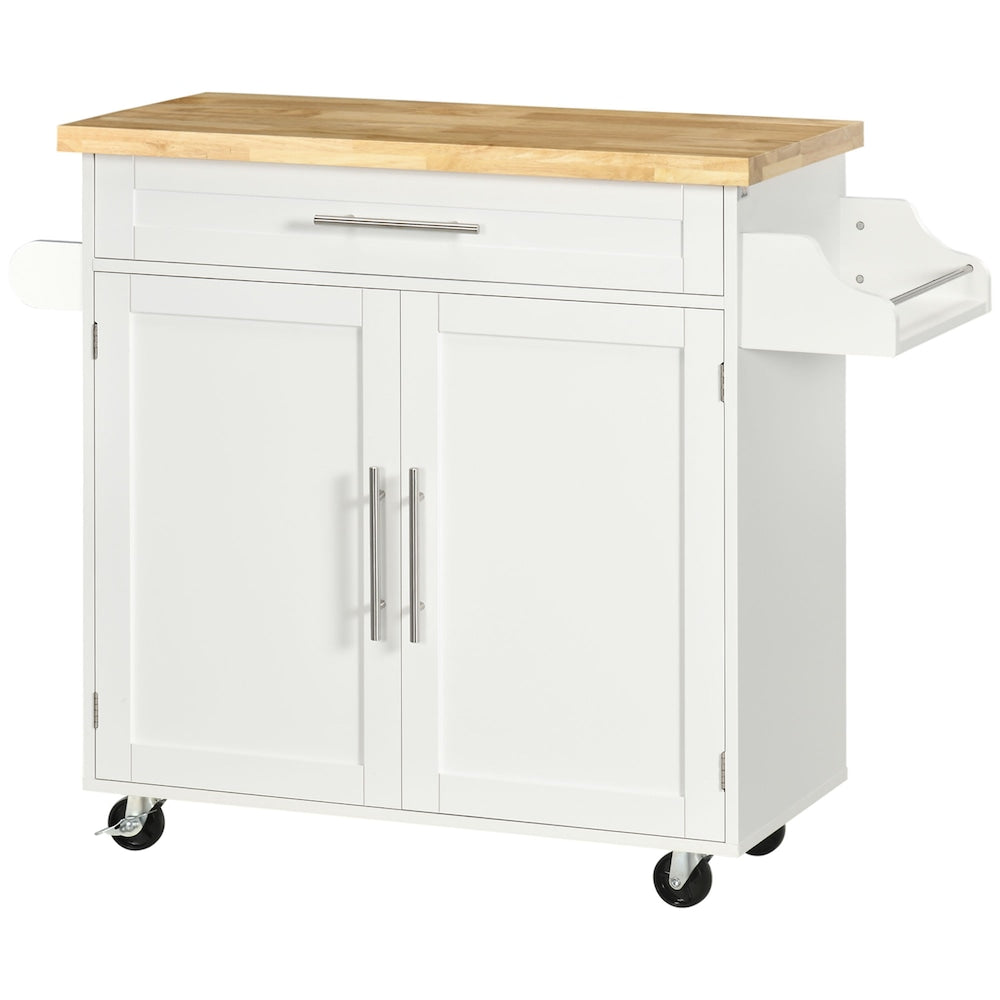 Îlot de cuisine de 43 pouces de largeur avec rangement, tiroir, support à épices, porte-serviettes en blanc