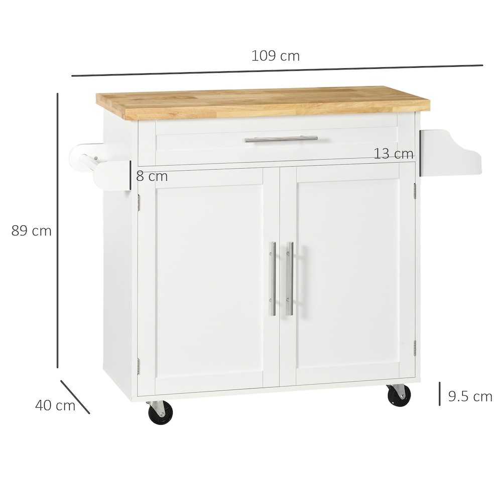 Îlot de cuisine de 43 pouces de largeur avec rangement, tiroir, support à épices, porte-serviettes en blanc